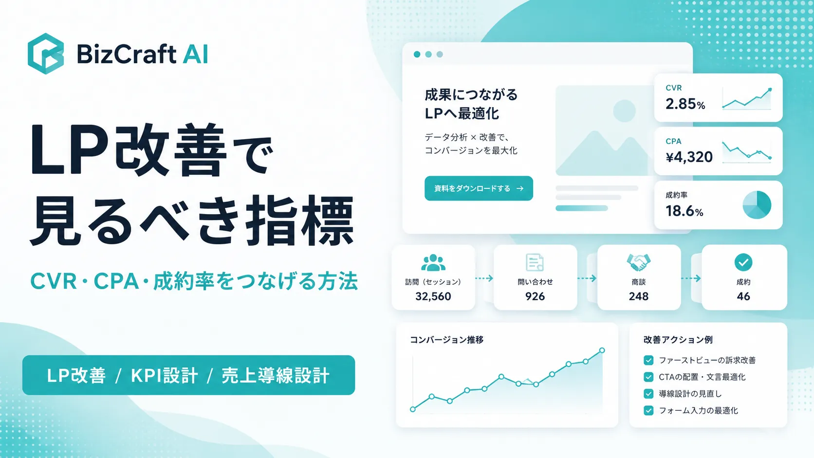 LP改善に必要なCVR・CPA・成約率を可視化し、売上導線を分析するイメージ